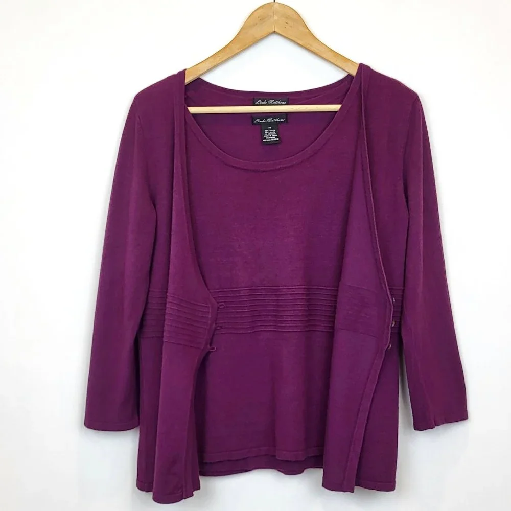 Linda Matthews Purple Shell and Cardigan Sweater Set, Size Medium, GUC - Picture 2 of 12